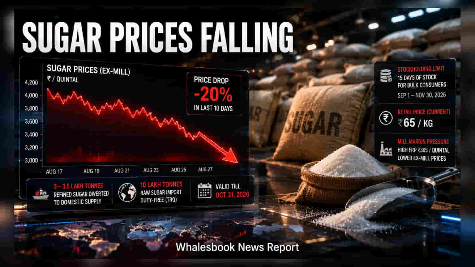 Sugar Prices: સરકારી હસ્તક્ષેપથી ખાંડના ભાવમાં **20%**નો ઘટાડો, સુગર મિલોના માર્જિન પર દબાણ વધ્યું