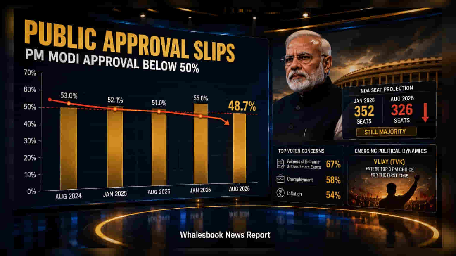 Modi Approval Rating: पंतप्रधान मोदींच्या लोकप्रियतेत घट; ऑगस्ट २०२६ सर्व्हेमध्ये आकडा ४८.७% वर