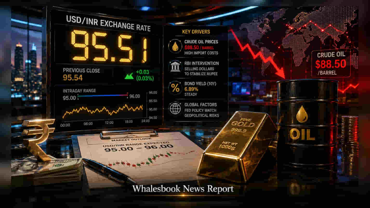 Indian Rupee Holds Steady at 95.51 Against USD Amid Oil Pressure