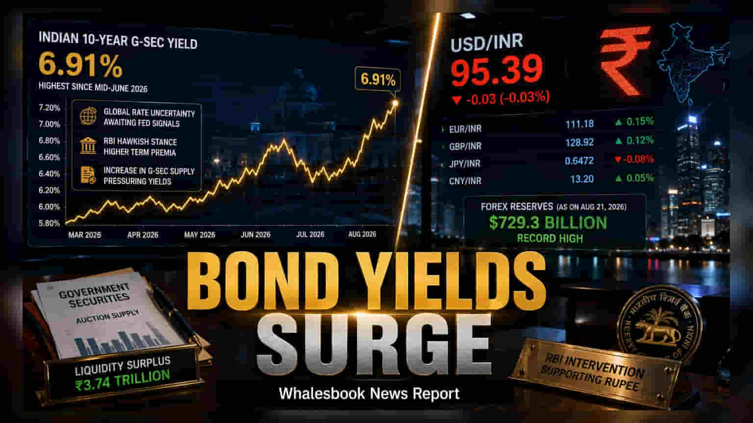 Indian 10-Year Bond Yield Hits 6.91% as Rupee Holds at 95.39