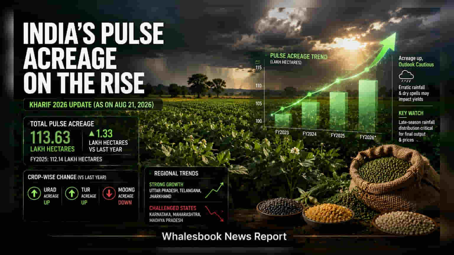 Kharif Pulse Sowing: ਦਾਲਾਂ ਦੀ ਖੇਤੀ ਦਾ ਰਕਬਾ ਵਧ ਕੇ **113.63 ਲੱਖ ਹੈਕਟੇਅਰ** ਹੋਇਆ, ਪਰ ਮੌਸਮ ਕਾਰਨ ਖਤਰਾ ਬਰਕਰਾਰ