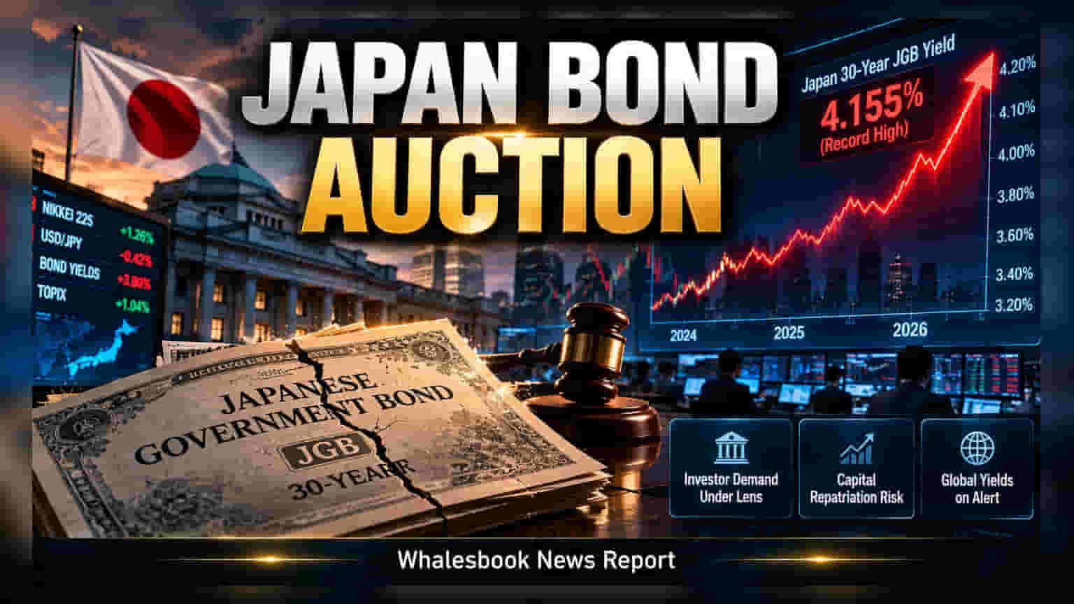Japan Bond Auction: 30-ਸਾਲਾ ਬਾਂਡ 'ਤੇ ਯੀਲਡ **4.155%** ਦੇ ਕਰੀਬ, ਗਲੋਬਲ ਮਾਰਕੀਟ 'ਚ ਹਲਚਲ