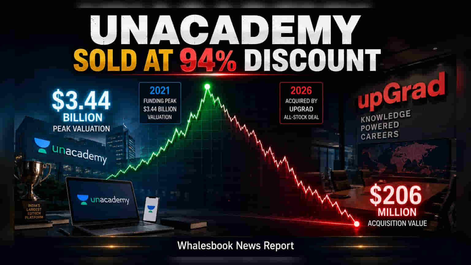 Ed-tech ਸੈਕਟਰ ਵਿੱਚ ਵੱਡਾ ਬਦਲਾਅ: upGrad ਨੇ Unacademy ਨੂੰ $206 ਮਿਲੀਅਨ ਵਿੱਚ ਖਰੀਦਿਆ, ਵੈਲਿਊਏਸ਼ਨ **94%** ਡਿੱਗੀ