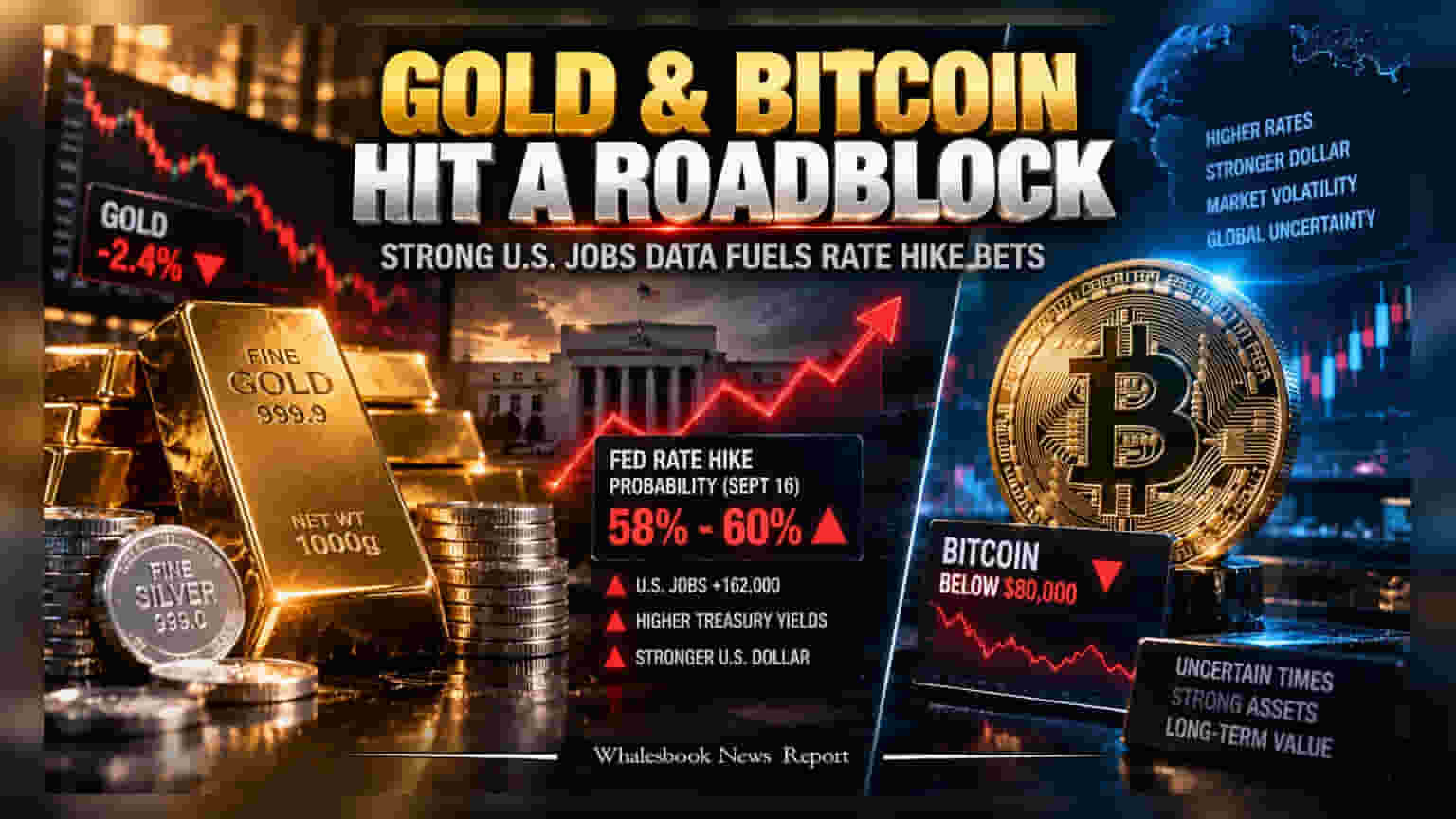 Gold અને Bitcoin માં કડાકો: Fed રેટ હાઈકની શક્યતા **60%** પર પહોંચતા રોકાણકારો ફફડ્યા