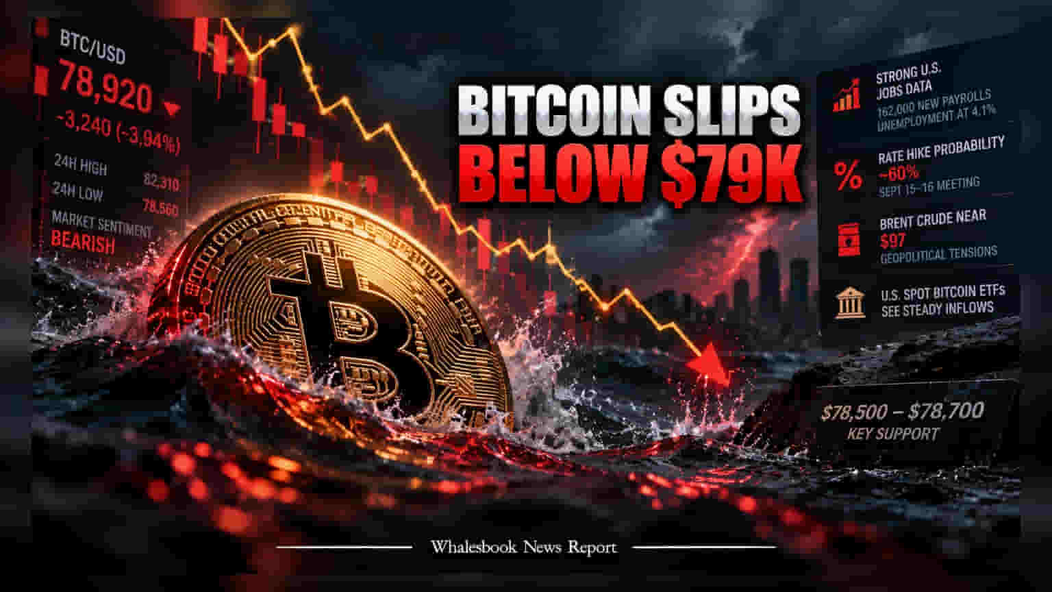 Bitcoin Price: US જોબ્સ રિપોર્ટ અને ક્રૂડ ઓઈલમાં ઉછાળાથી Bitcoin માં કડાકો, કિંમત **$79,000** ની નીચે