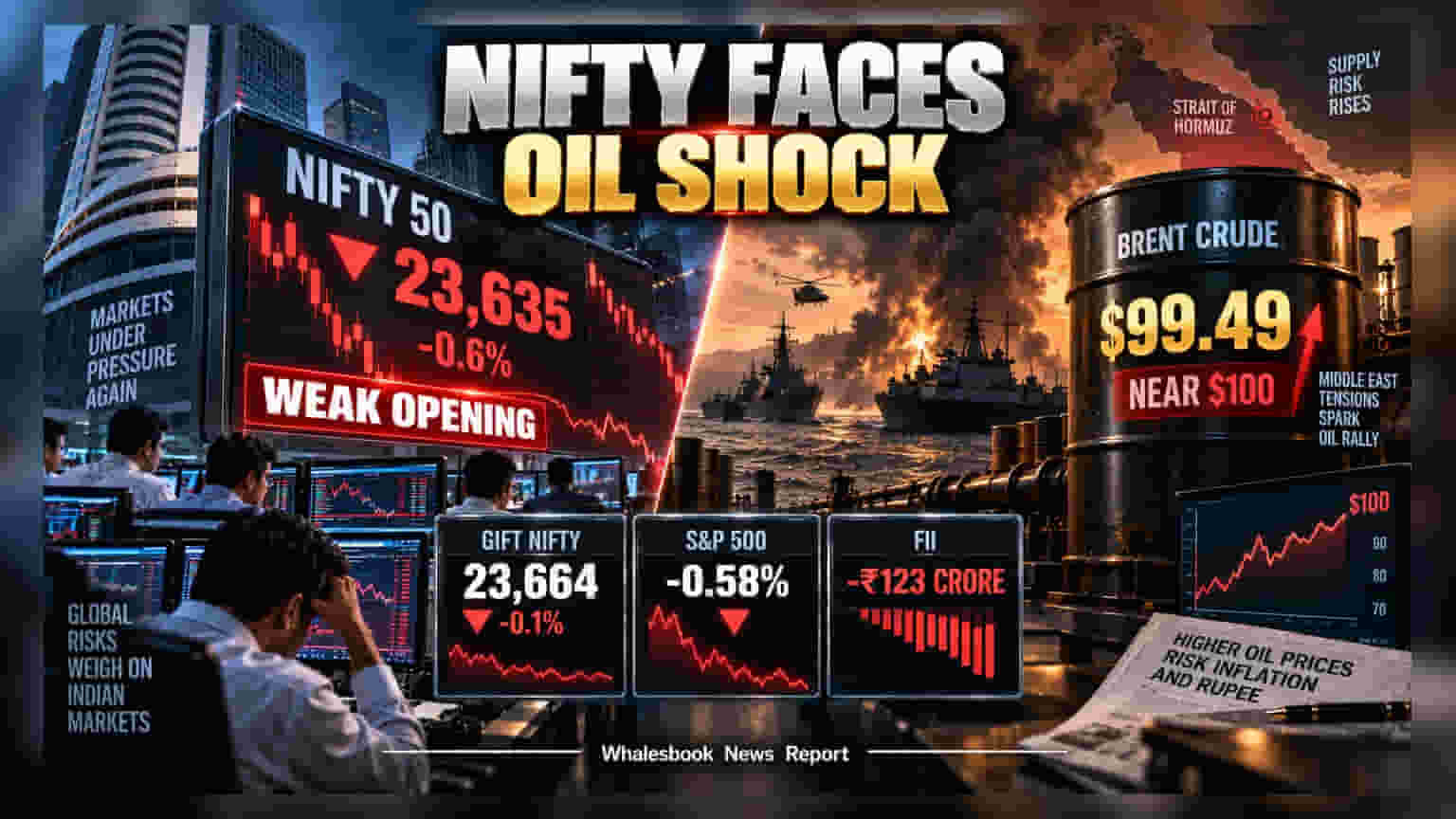 Nifty ਦੀ ਕਮਜ਼ੋਰ ਸ਼ੁਰੂਆਤ ਦੇ ਸੰਕੇਤ, Brent Crude ਦੇ **$100** ਦੇ ਨੇੜੇ ਪਹੁੰਚਣ ਨਾਲ ਬਾਜ਼ਾਰ 'ਤੇ ਦਬਾਅ