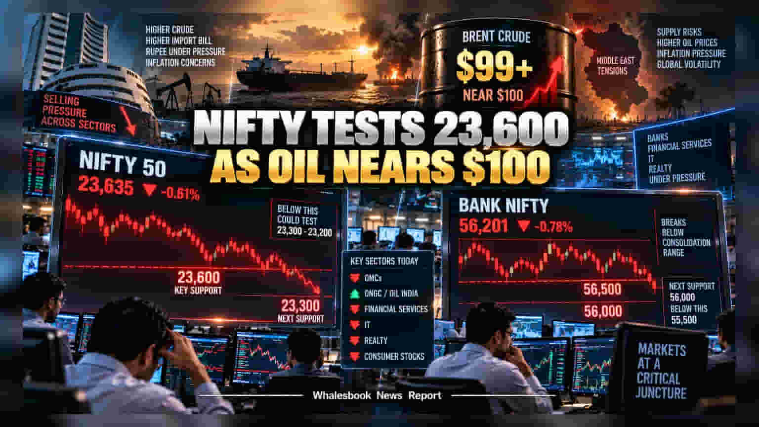 Nifty 50 ਦਾ 23,600 'ਤੇ ਕ੍ਰਿਟੀਕਲ ਟੈਸਟ: Brent Crude ਦੇ **$99** ਦੇ ਪਾਰ ਜਾਣ ਨਾਲ ਬਾਜ਼ਾਰ ਵਿੱਚ ਦਹਿਸ਼ਤ