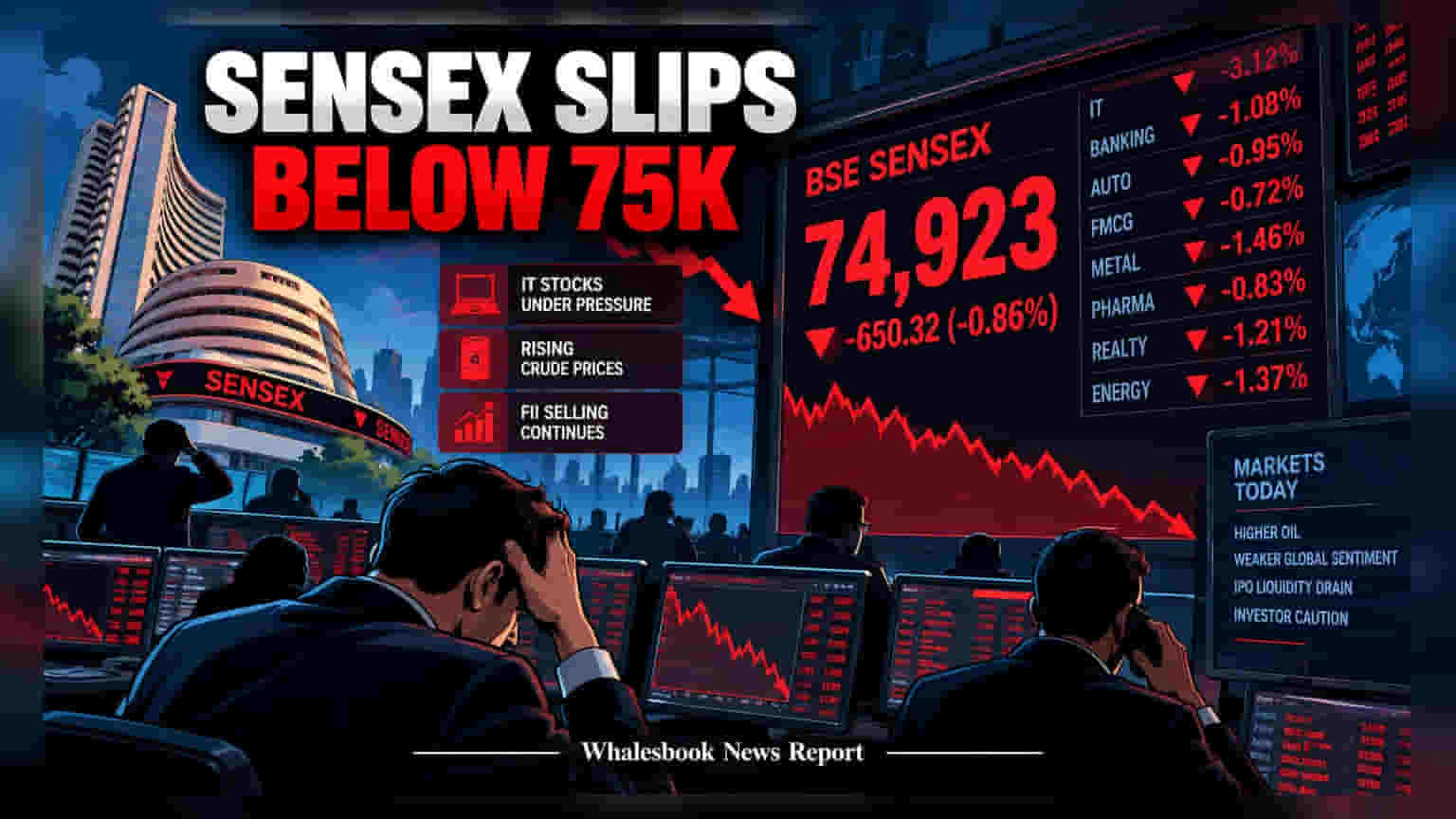 Sensex 75,000 ਤੋਂ ਹੇਠਾਂ: IT ਸ਼ੇਅਰਾਂ ਦੀ ਵੱਡੀ ਗਿਰਾਵਟ ਅਤੇ IPO ਦਾ ਕ੍ਰੇਜ਼ ਮਾਰਕੀਟ 'ਤੇ ਭਾਰੀ