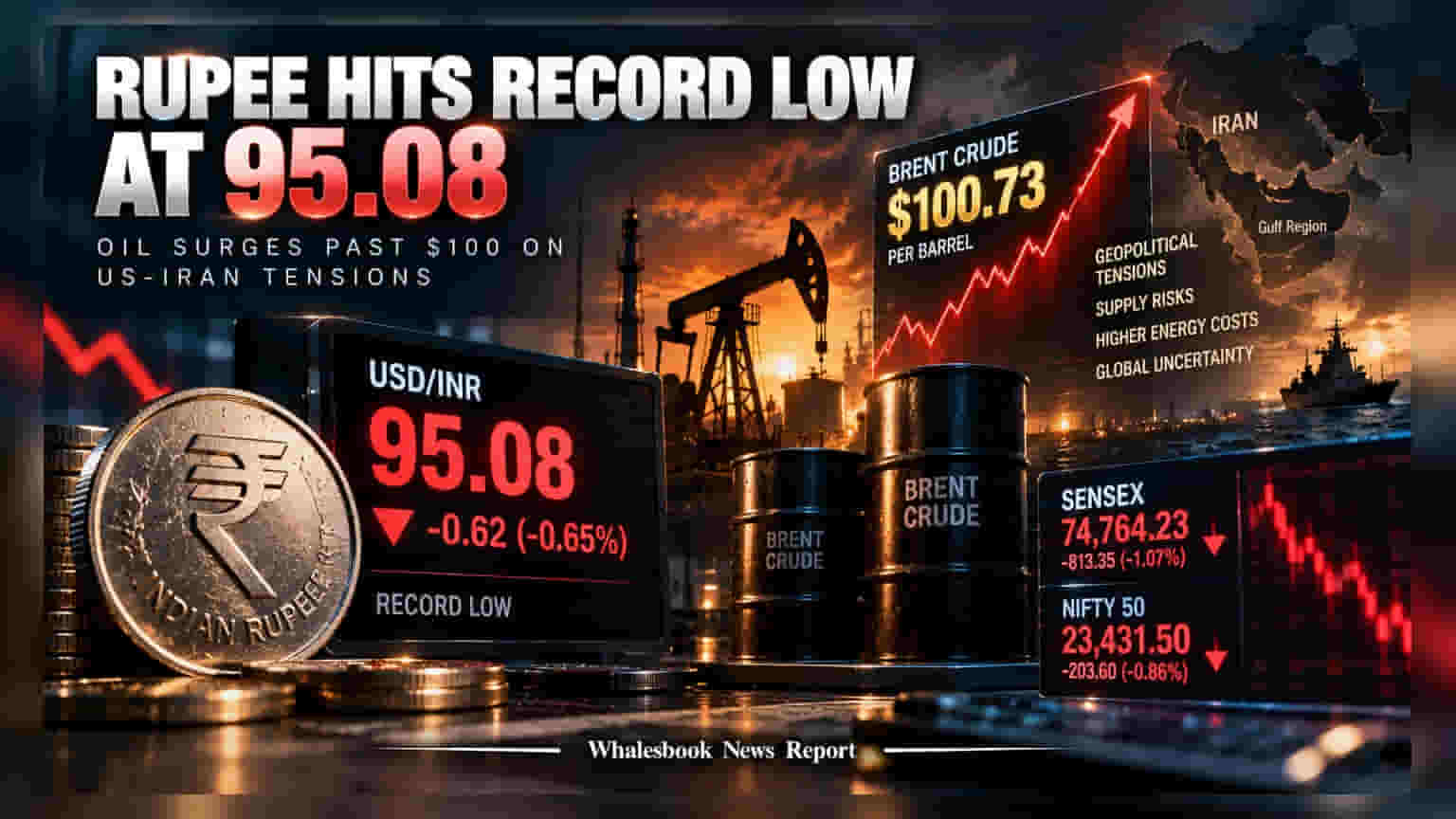 Rupee गिरकर पहुंचा ऐतिहासिक निचले स्तर **95.08** पर, Crude Oil की कीमतों में आग से बाजार सहमा