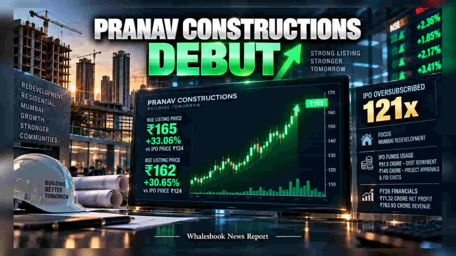 Pranav Constructions Lists at ₹165, Up 33% on Debut