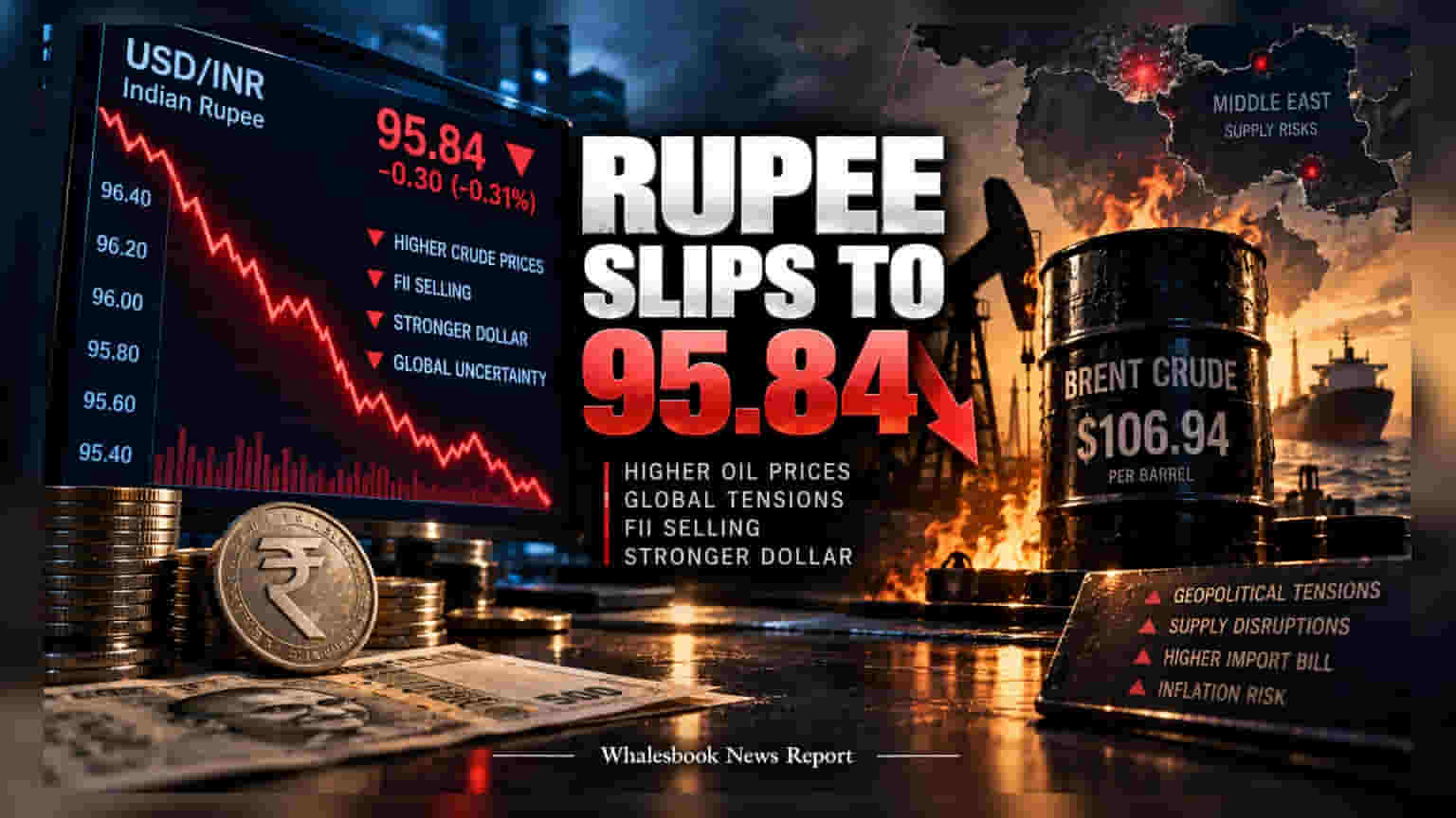 Rupee Drops 30 Paise to 95.84 as Brent Crude Crosses $106