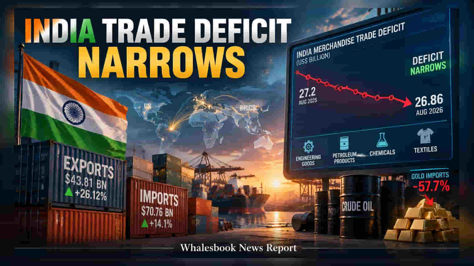 India’s Trade Deficit Narrows to $26.86 Billion in August