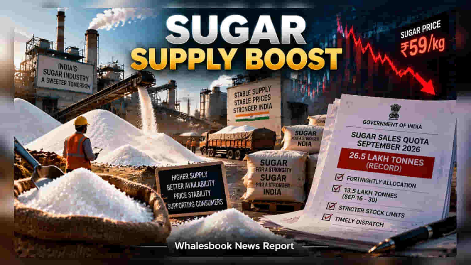 India Sets Record September Sugar Sales Quota at 26.5 Lakh Tonnes