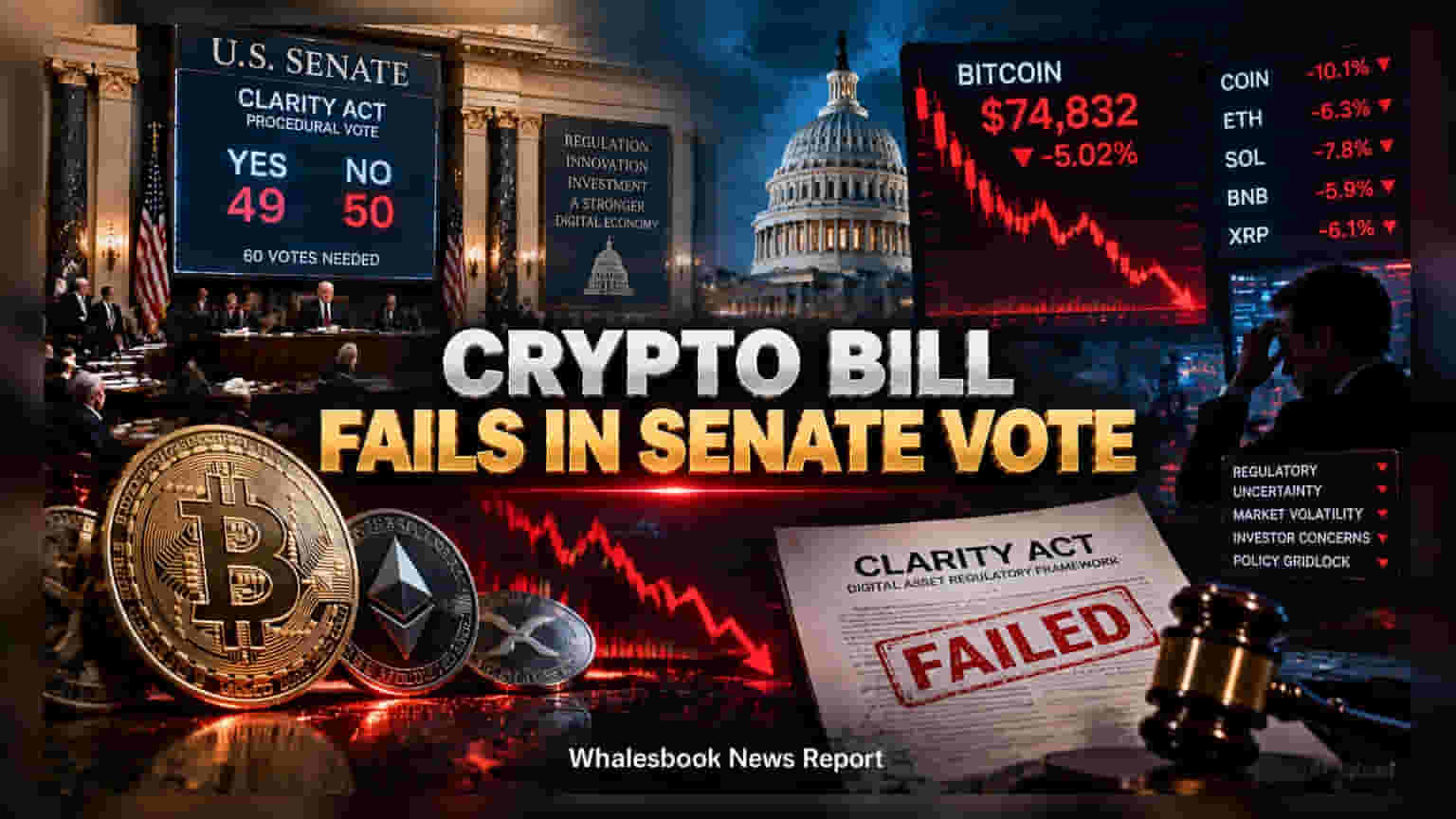 US Senate Blocks Crypto Clarity Act; Bitcoin and Coinbase Fall
