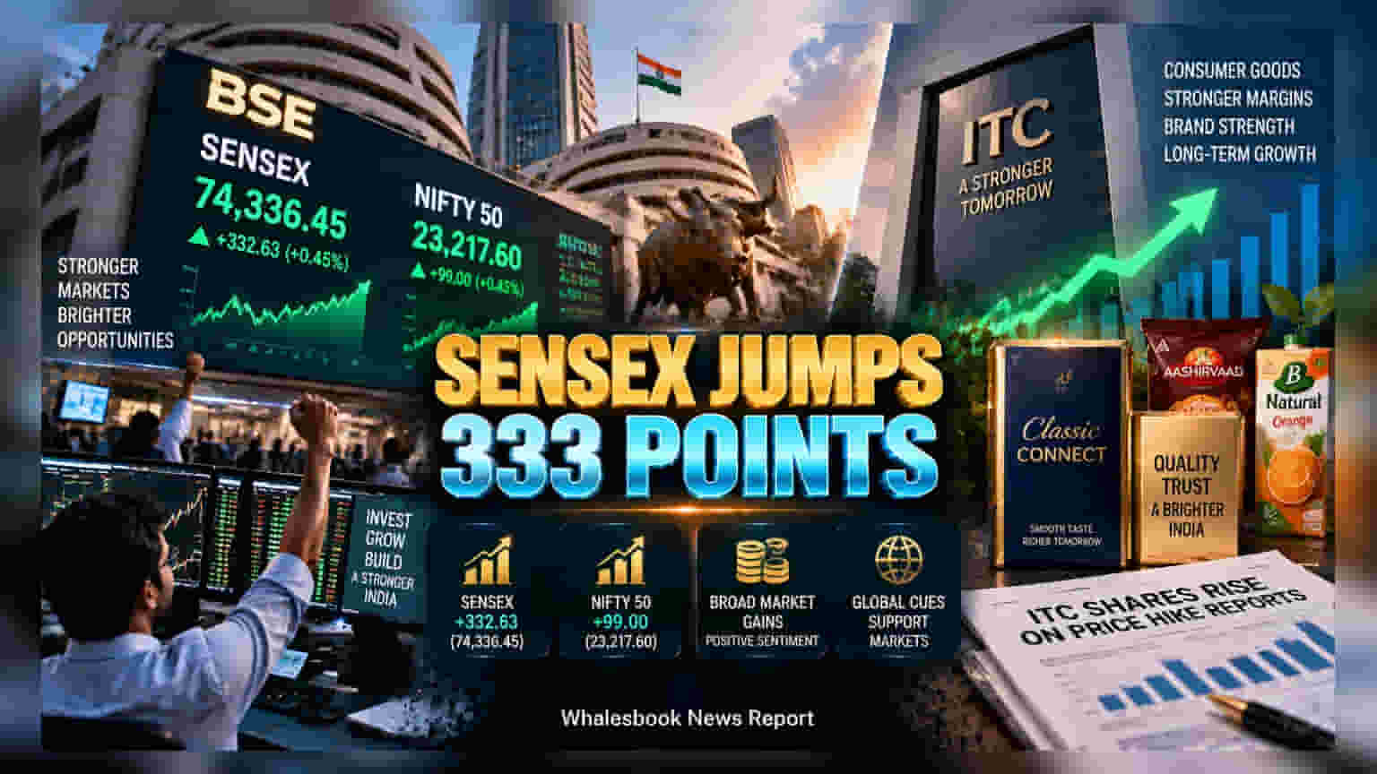 Sensex Gains 333 Points: ITC షేర్ల దూకుడు.. సిగరెట్ ధరల పెంపుతో **3%** జంప్