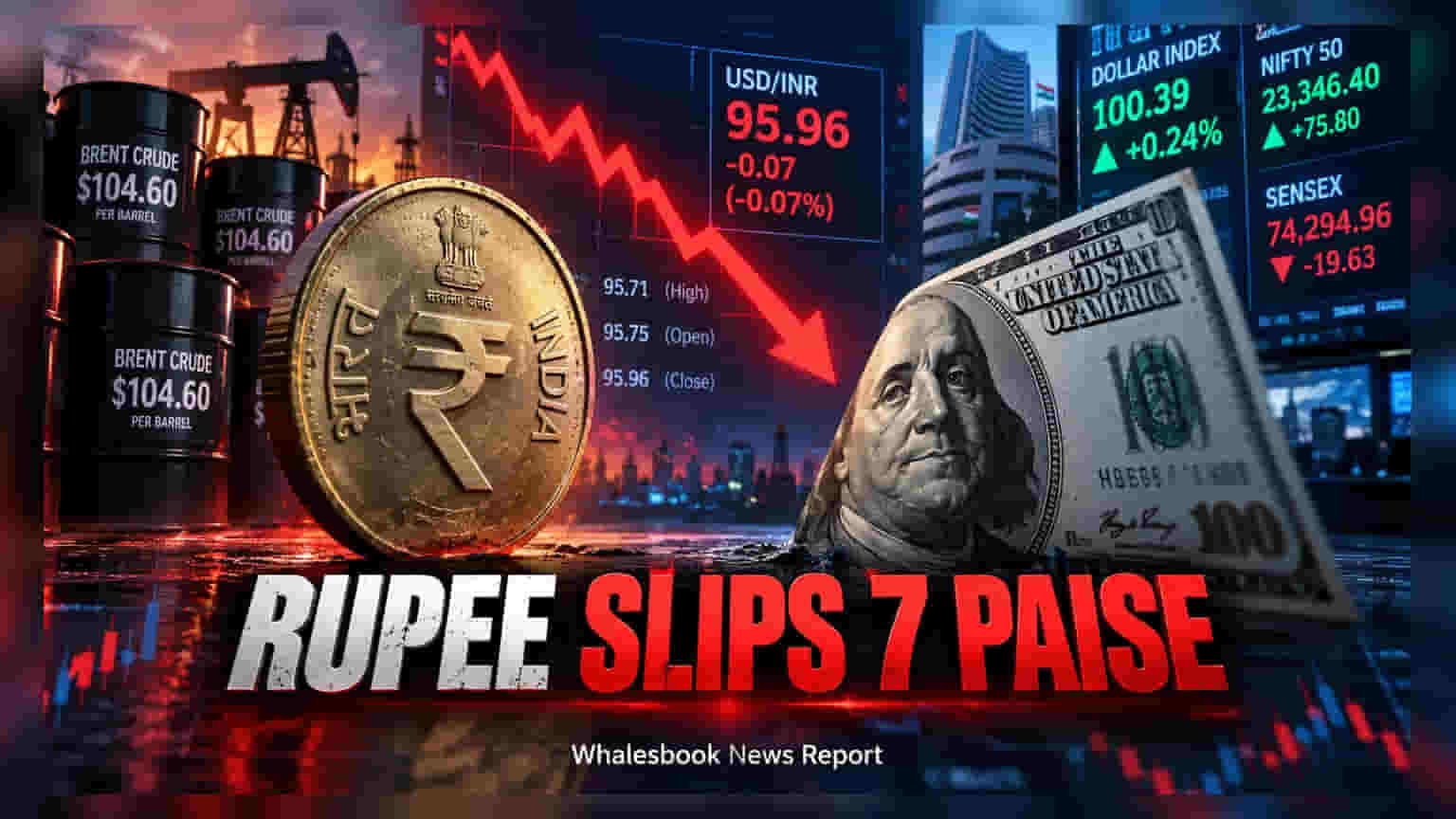 Rupee Slips 7 Paise to 95.96 Against Dollar as Crude Prices Weigh