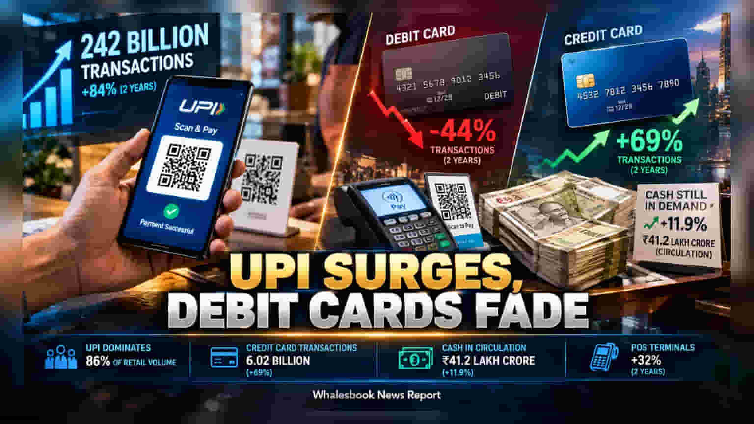 UPI Payments: डिजिटल ट्रांजैक्शंस का दबदबा, डेबिट कार्ड का इस्तेमाल **44%** घटा