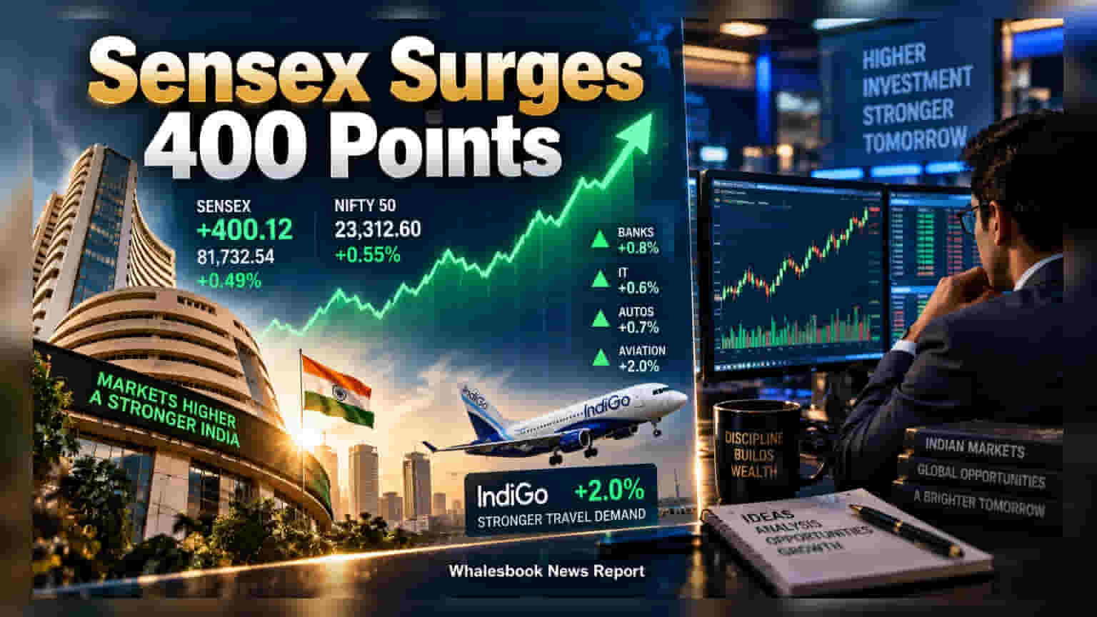 Nifty Crosses 23,300, Sensex Up 400 Points; IndiGo Climbs 2%