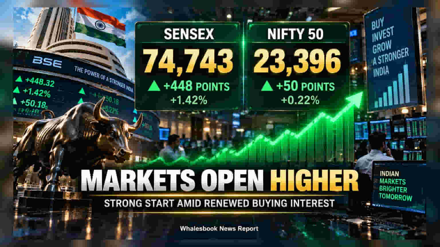 Sensex Jumps 448 Points to 74,743, Nifty Reclaims 23,396