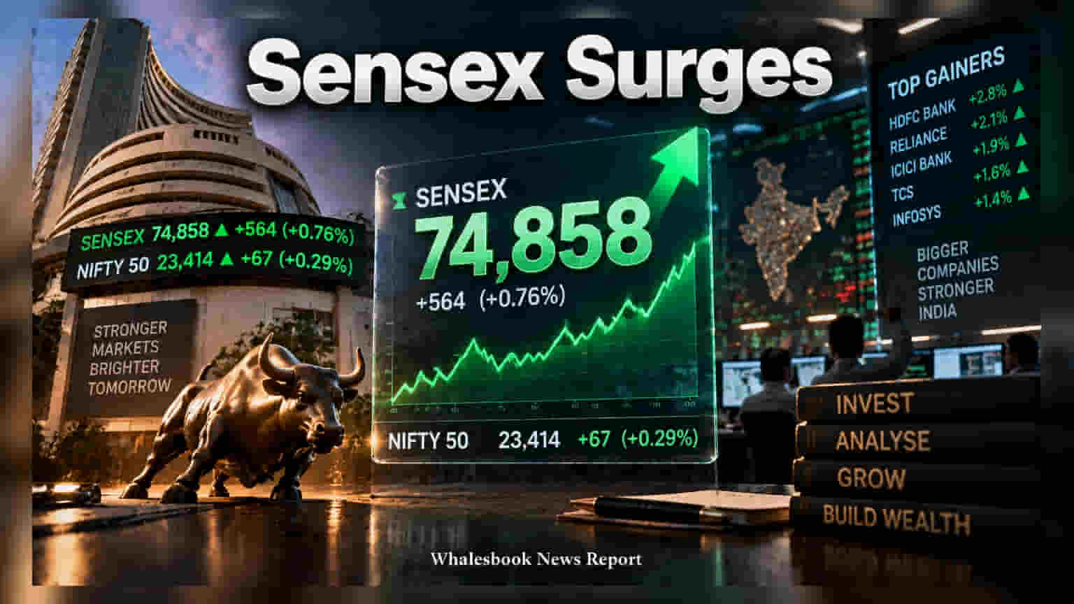 Stock Market Update: શેરબજારમાં રોનક, સેન્સેક્સ **564 પોઈન્ટ**ના ઉછાળા સાથે **74,858** પર બંધ