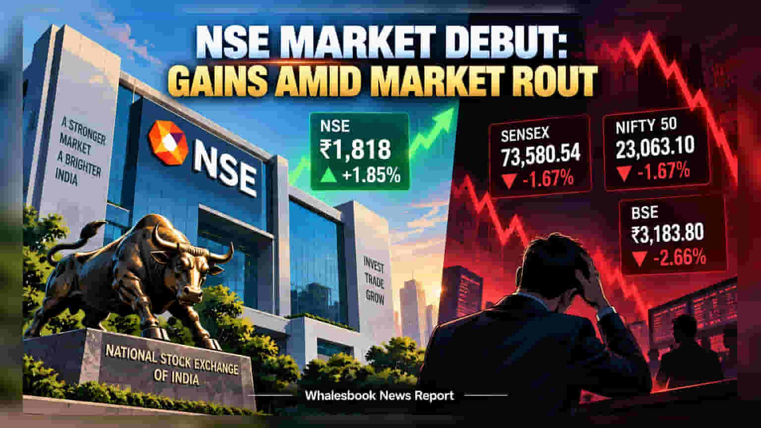 NSE Listing: बाजार में भारी गिरावट के बावजूद NSE की शानदार एंट्री, IPO प्राइस से **1.85%** ऊपर बंद