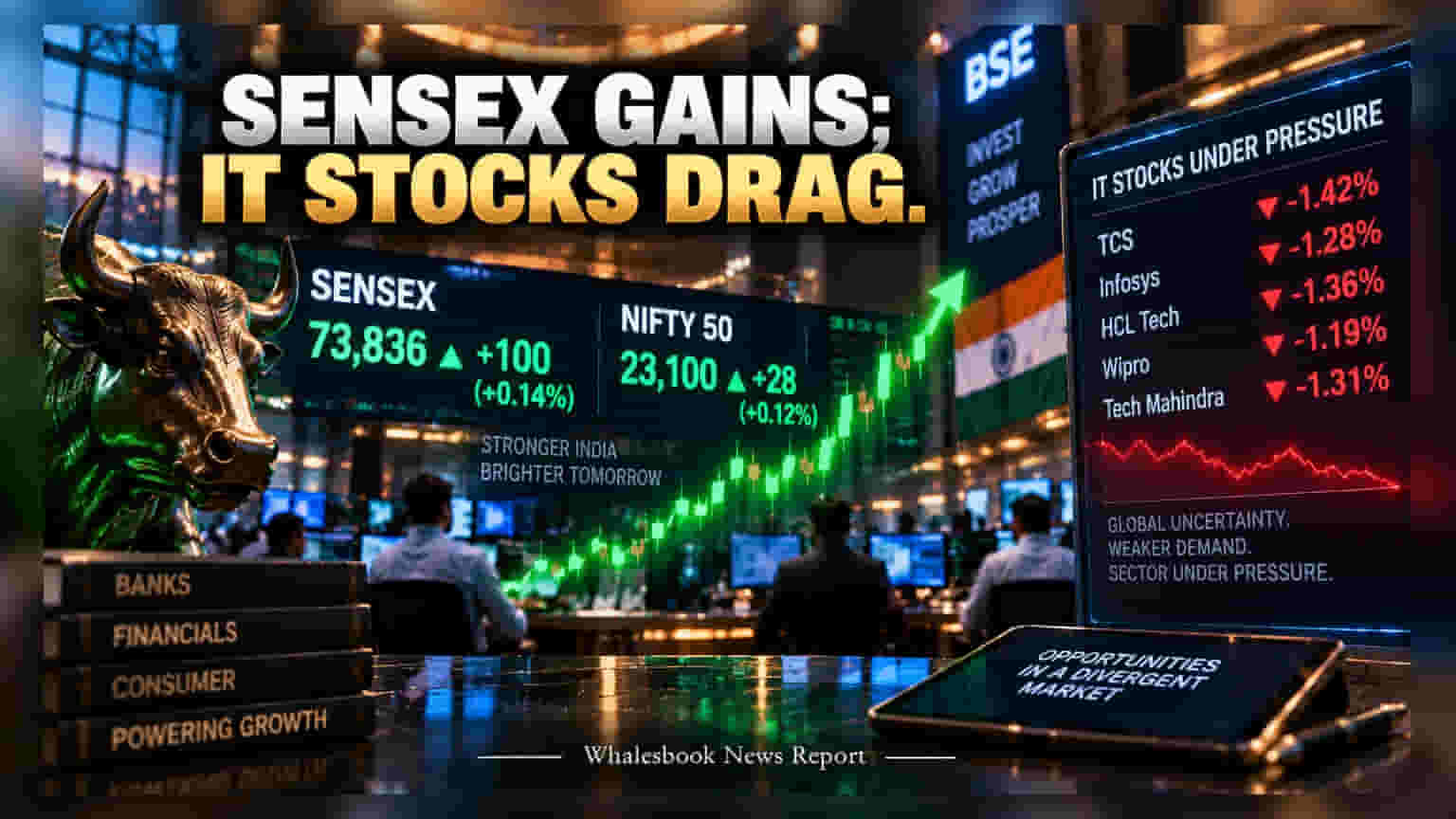 Sensex: 100 పాయింట్లు పెరిగిన సెన్సెక్స్.. ఐటీ షేర్ల ఒత్తిడితో నిఫ్టీలో తడబాటు!