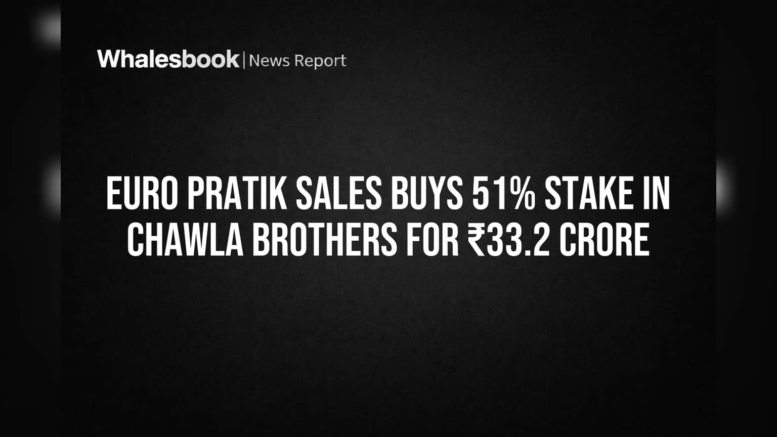 Euro Pratik Sales Buys 51% Stake in Chawla Brothers for ₹33.2 Crore